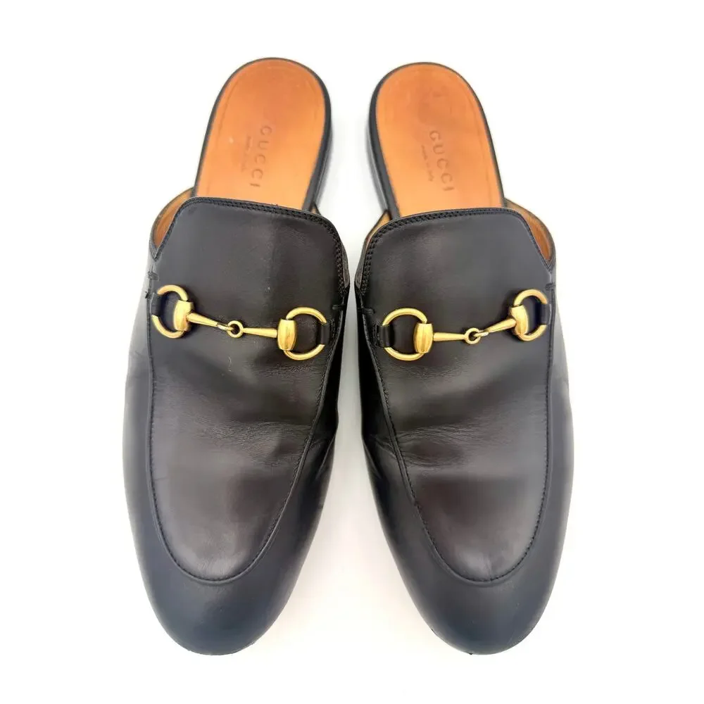 Authentic Gucci Princetown Horsebit Loafers Mules Black Leather Size 38.5 / 8.5